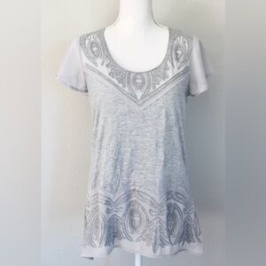 Sundance Lucinda Small embellished crinkle top, sheer sleeves Gray